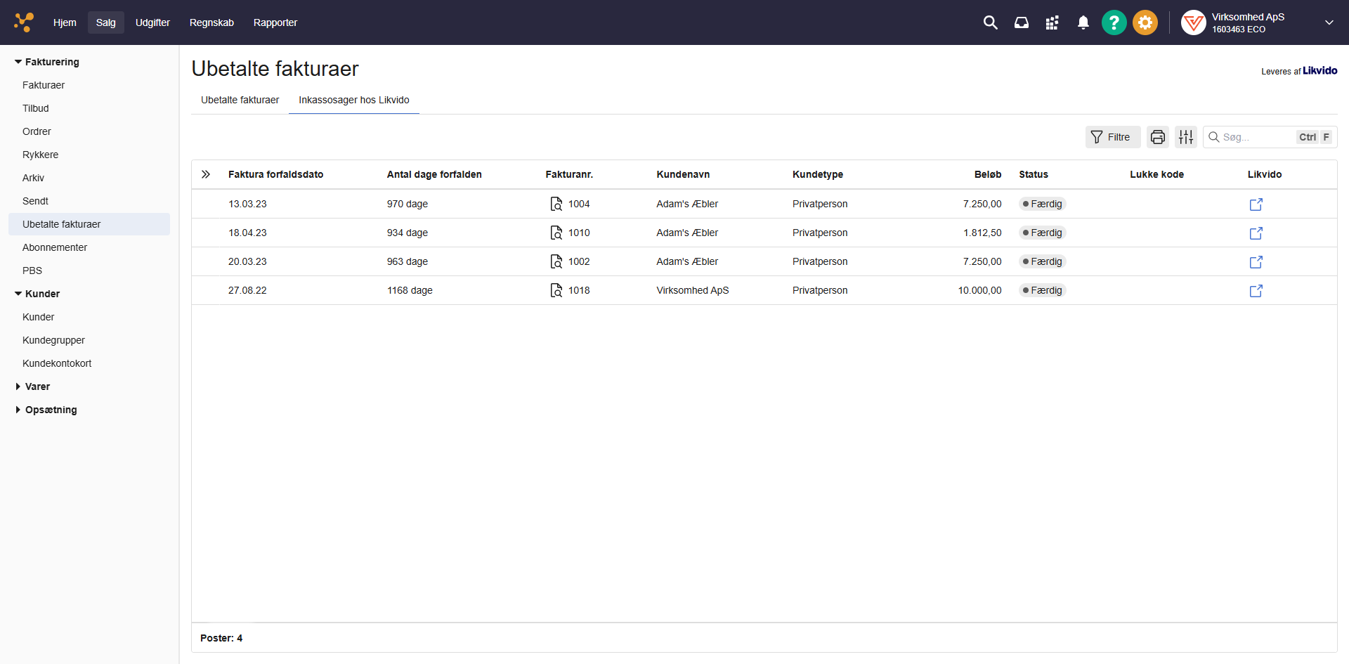 Viser liste over inkassosager hos Likvido – bruges til at følge både igangværende og afsluttede sager samt se status og link til den enkelte sag. Inkassosager hos Likvido