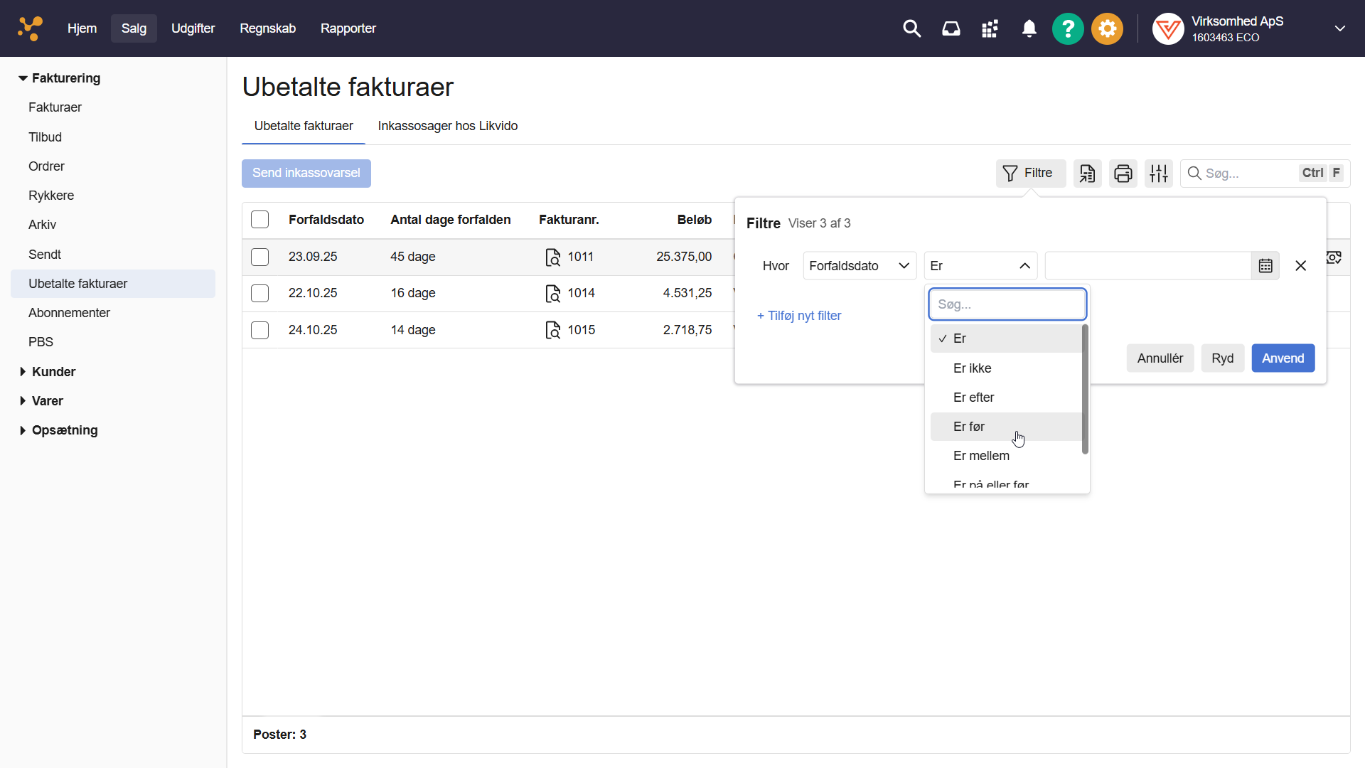Filtrering af ubetalte fakturaer Viser filterindstillinger for ubetalte fakturaer i faktureringsmodulet – bruges til at afgrænse visningen efter forfaldsdato.