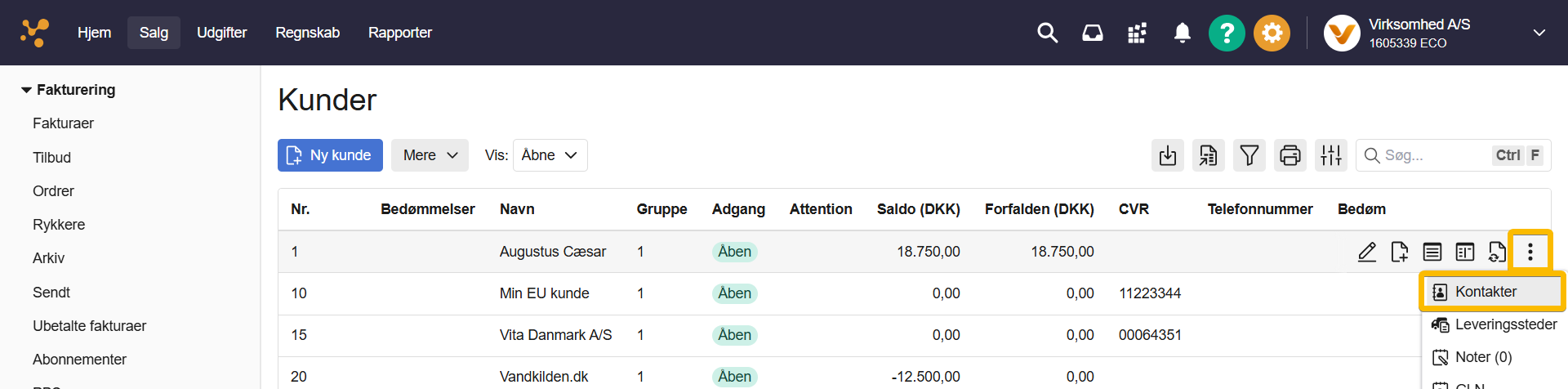 Åbn kontaktpersoner fra kundeliste Viser klik på Kontakter via de tre prikker ud for en kunde i Salg – bruges til at åbne oversigten over kontaktpersoner for kunden.