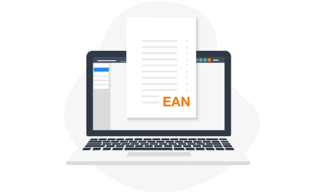 En illustration af en computer med et papir på, hvor der står EAN
