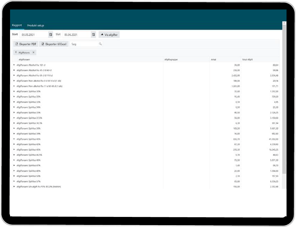 App screenshot: Afgiftsrapportering